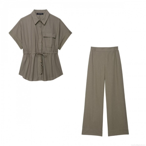 Women's Two Piece Set Short Sleeve Drawstring Cargo Shirt and Wide Leg Pants Casual Streetwear Polyester Blend Linen Texture Outfit