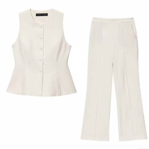 Women's Elegant Off-White Two-Piece Set Sleeveless Button-Down Waistcoat Peplum Vest And High Waist Wide-Leg Pants Suit Fabric Streetwear Trousers Set