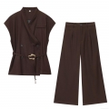 Women 2 Piece Outfits Polyester Sleeveless Double Breasted Vest Top and High Waist Wide Leg Pants Set Solid Color Streetwear Autumn Business Casual Suits