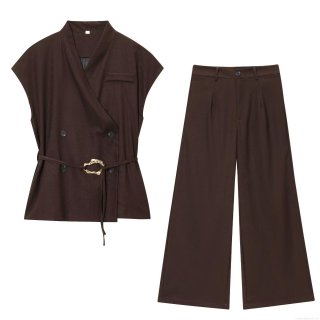 Women 2 Piece Outfits Polyester Sleeveless Double Breasted Vest Top and High Waist Wide Leg Pants Set Solid Color Streetwear Autumn Business Casual Suits