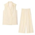 Women's Two-Piece Set Sleeveless Double-Breasted Vest Waistcoat And Pleated Wide-Leg Trousers Polyester Bamboo Slub Office Business Workwear Elegant Streetwear Suit For Lady