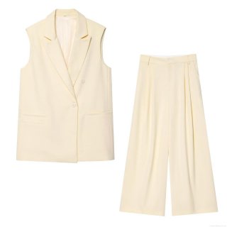 Women's Two-Piece Set Sleeveless Double-Breasted Vest Waistcoat And Pleated Wide-Leg Trousers Polyester Bamboo Slub Office Business Workwear Elegant Streetwear Suit For Lady