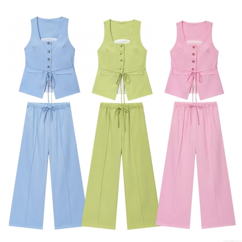 Women Western Style 2-Piece Vest And Pants Set Polyester Solid Color Sleeveless Button Vest Tied Wide Leg Drawstring Trousers Casual Streetwear Outfits