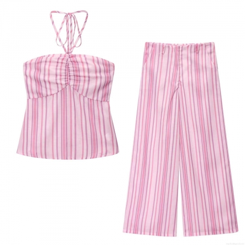 Women's Striped Two Piece Set Halter Neck Sleeveless Crop Top And Wide Leg Pants Polyester Streetwear Casual Outfits For Summer Autumn Women