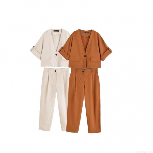 Women's Casual Two-Piece Set European Style V-Neck Short Sleeve Jacket And High Waist Straight Leg Pants Solid Color Polyester Streetwear Autumn Outfits