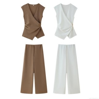 Women's Two Piece Set Wrapped V-Neck Sleeveless Vest Top High Waist Wide Leg Pants Outfits with Metal Pin Detail Streetwear Polyester Minimalist Suit