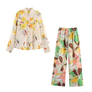 Women's 2 Piece Floral Print Outfit Set Long Sleeve Button Down Shirt And High Waist Wide Leg Drawstring Pants Casual Streetwear Vacation Suits