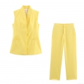 Women's Two Piece Suit Set V Neck Sleeveless Vest Waistcoat And Straight Leg Pants Solid Color Yellow Formal Casual Office Outfits For Lady Fashion