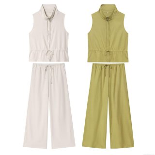 Women's Casual Two Piece Pants Set Zip Up Stand Collar Sleeveless Vest And Drawstring Wide Leg Pants Solid Color Streetwear Tracksuit For Ladies