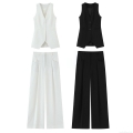 Women's 2 Piece Suit Set Elegant Solid Color Polyester V-Neck Sleeveless Button Waistcoat Vest And High Waist Wide Leg Pants Set Streetwear Casual Outfits For Women