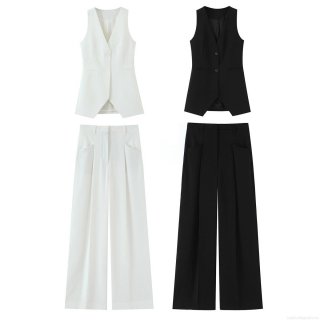 Women's 2 Piece Suit Set Elegant Solid Color Polyester V-Neck Sleeveless Button Waistcoat Vest And High Waist Wide Leg Pants Set Streetwear Casual Outfits For Women