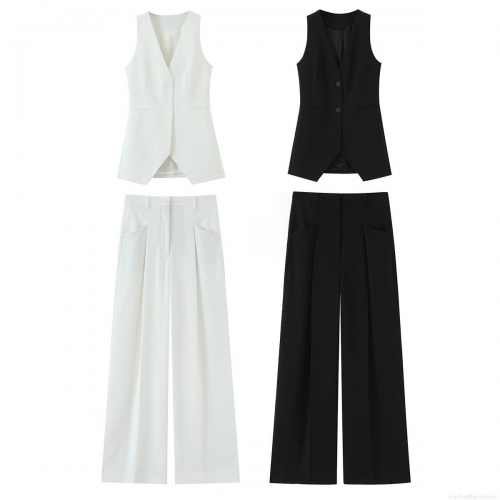 Women's 2 Piece Suit Set Elegant Solid Color Polyester V-Neck Sleeveless Button Waistcoat Vest And High Waist Wide Leg Pants Set Streetwear Casual Outfits For Women