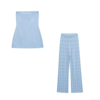 Women's 2-Piece Knit Set Sexy Strapless Ribbed Tube Top and Geometric Hollow Out Wide Leg Pants Light Blue Polyester Sleeveless Summer Vacation Streetwear Co-ords For Ladies