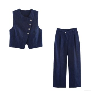 Women's Navy Blue Vest and Wide Leg Pants Set Polyester Cotton Blend Asymmetric Button Sleeveless Waistcoat High Waist Trousers Streetwear Autumn Two Piece