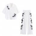 Women's Elegant Flower Embroidery Two Piece Set Lapel Short Sleeve Shirt And Drawstring Wide Leg Pants Casual Vacation Outfit European Street Style Ladies White Top Bottom