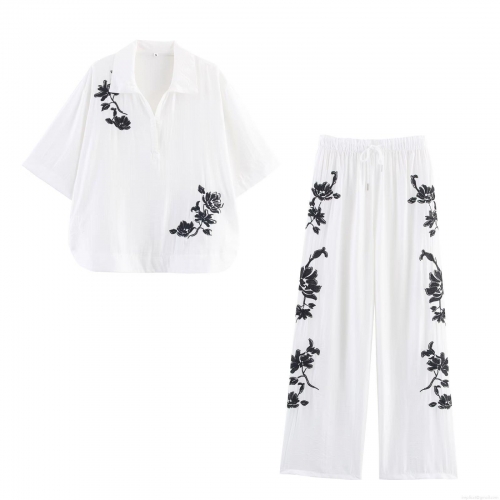 Women's Elegant Flower Embroidery Two Piece Set Lapel Short Sleeve Shirt And Drawstring Wide Leg Pants Casual Vacation Outfit European Street Style Ladies White Top Bottom