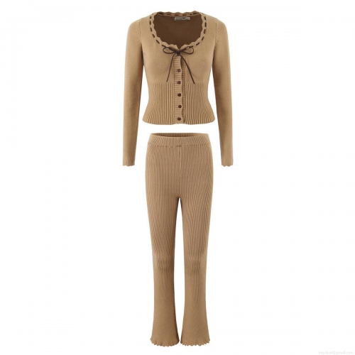 Women Ribbed Knit Cardigan Top High Waist Flare Pants Two Piece Set Long Sleeve V Neck Bow Decor Autumn Streetwear Outfits
