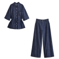 Women Two Piece Denim Look Set Casual Short Sleeve Drawstring Waist Shirt And High Waist Wide Leg Pants Polyester Outfit Streetwear Deep Blue Autumn Fashion For Ladies
