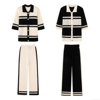 Women's 2 Piece Knit Outfits Striped Short Sleeve Button Down Cardigan Top And Wide Leg Pants Sets Casual Streetwear Loungewear Polyester Knitting Sets