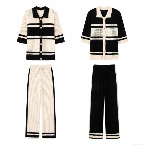 Women's 2 Piece Knit Outfits Striped Short Sleeve Button Down Cardigan Top And Wide Leg Pants Sets Casual Streetwear Loungewear Polyester Knitting Sets