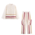 Women's 2-Piece Contrast Stripe Set Loose Long Sleeve Stand Collar Shirt And Wide Leg Pants Casual Streetwear Outfit Off-white Autumn Suit For Women