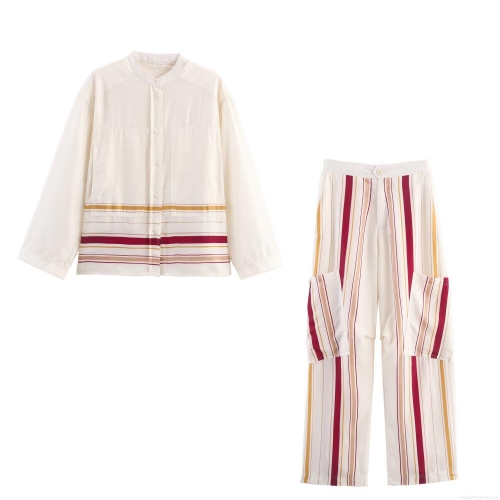Women's 2-Piece Contrast Stripe Set Loose Long Sleeve Stand Collar Shirt And Wide Leg Pants Casual Streetwear Outfit Off-white Autumn Suit For Women