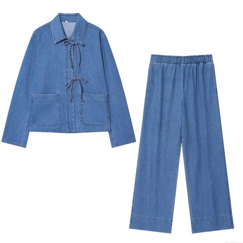 Women Western Denim Jacket and Wide Leg Pants Set Cotton Blend Tie-Up Short Denim Outerwear Elastic Waist Long Trousers Two Piece Streetwear Casual Outfit