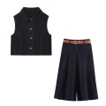 Women's 2-Piece Sleeveless Vest And Wide Leg Pants Set With Belt Autumn Casual Streetwear Color-Block Stitching Cotton Blend Outfit For Women