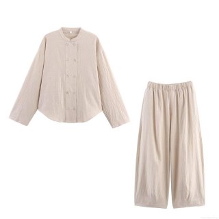 Women's Casual Minimalist Long Sleeve Shirt and Wide Leg Pants Set Double Breasted Cotton Linen Texture Streetwear Two Piece Outfit
