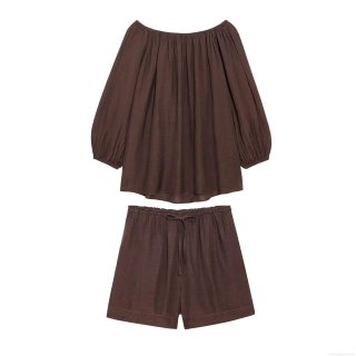 Women's Off Shoulder Lantern Sleeve Top and Drawstring Shorts Set Bamboo Linen Look Casual Streetwear Two-Piece Co-ord For Women Autumn Deep Brown