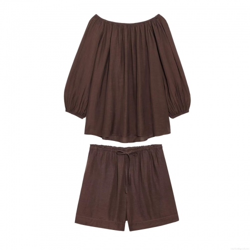 Women's Off Shoulder Lantern Sleeve Top and Drawstring Shorts Set Bamboo Linen Look Casual Streetwear Two-Piece Co-ord For Women Autumn Deep Brown