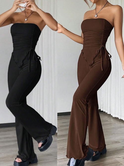 Women's Sexy 2 Piece Streetwear Outfits Ruched Drawstring Tube Top and High Waist Flare Pants Set Polyester Elastane Stretchy Clubwear Sets for Women