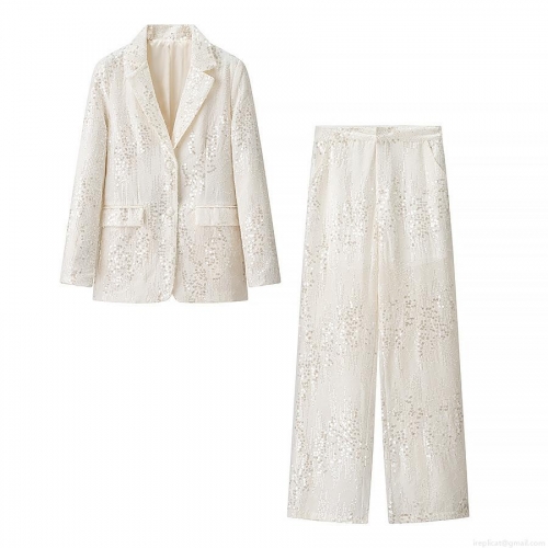 European Style Women Sequin Blazer And Straight Pants Set Elegant Off White Long Sleeve Suit Polyester Sparkling Two Piece Outfit For Party Streetwear