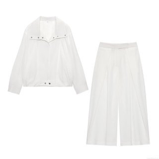 Women's 2-Piece Set Casual Polyester Long Sleeve Zip Up Pilot Jacket And High Waisted Wide Leg Pleated Pants Streetwear Fashion Solid White Autumn Outerwear Outfit
