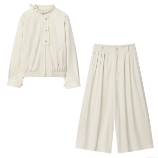 Women's Autumn Western Style Button Decor Stand Collar Jacket and High Waist Wide Leg Pants Two Piece Set Cream White Casual Streetwear Polyester Outfit