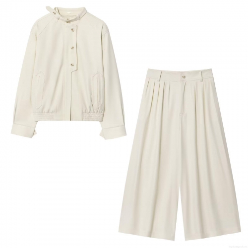 Women's Autumn Western Style Button Decor Stand Collar Jacket and High Waist Wide Leg Pants Two Piece Set Cream White Casual Streetwear Polyester Outfit