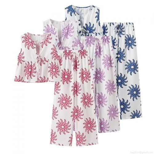 Women's 2-Piece Summer Outfits Sunflower Printed V-Neck Sleeveless Tie Front Top And High Waisted Drawstring Wide Leg Pants Casual Streetwear Set For Beach Vacation Lounge Wear