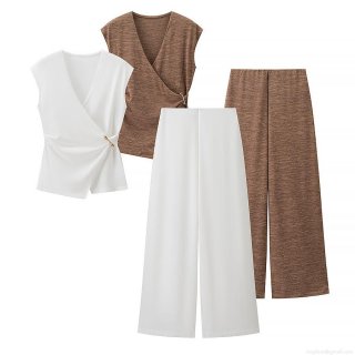 Women's Elegant Sleeveless V-Neck Wrap Top And Wide Leg Pants Two Piece Set Casual Office Lady Plain Color Outfit With Metal Buckle Decoration