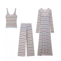 Women's Three-Piece Knit Set Colorful Striped Patchwork Tank Top Wide Leg Pants And Long Sleeve Slim Maxi Dress Casual Vacation Beach Outfits