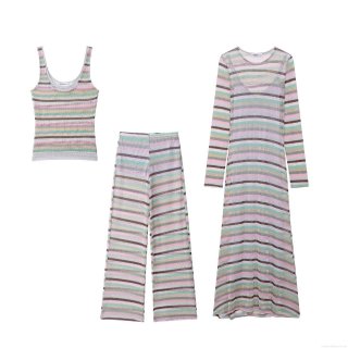 Women's Three-Piece Knit Set Colorful Striped Patchwork Tank Top Wide Leg Pants And Long Sleeve Slim Maxi Dress Casual Vacation Beach Outfits