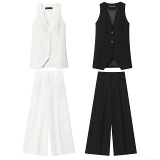 Women's Casual 2 Piece Suit Set Solid Color V Neck Sleeveless Vest and High Waist Wide Leg Pants Office Lady Streetwear Outfit