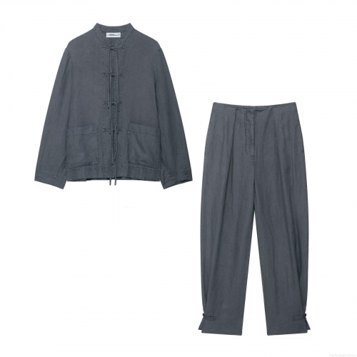 Women 2 Piece Set Linen Look 100% Polyester Deep Gray Standing Collar Tie-Up Long Sleeve Jacket and High Waist Wide Leg Pants Casual Suit Streetwear