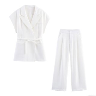 Women Western Style Sleeveless Vest With Belt And Wide Leg Pleated Pants Linen Blend Two Piece Casual Suit For Office White