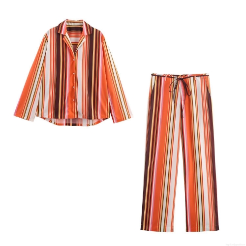 Women's 2 Piece Outfit Set Polyester Multi-color Vertical Stripe Long Sleeve Button Down Shirt And Drawstring Straight Leg Pants Casual Streetwear