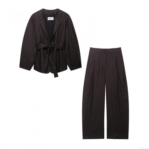 Women's Casual 2 Piece Set Kimono Style Tie-Waist Jacket And High Waist Wide Leg Pants Polyester Linen Look Solid Color Streetwear Suit Women Autumn Office Outfit