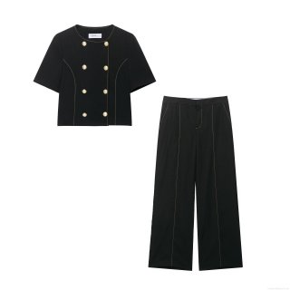 Women Polyester Blazer and Pants Set Short Sleeve Double Breasted Top High Waist Wide Leg Trousers With Contrast Stitching Streetwear Office Suit