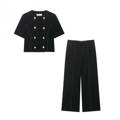 Women Polyester Blazer and Pants Set Short Sleeve Double Breasted Top High Waist Wide Leg Trousers With Contrast Stitching Streetwear Office Suit