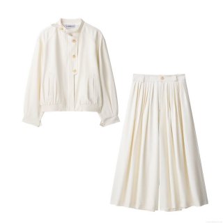 Women's Two Piece Outfits Sets Long Sleeve Stand Collar Button Jacket and High Waist Pleated Wide Leg Pants Elegant Solid Casual Streetwear Suit