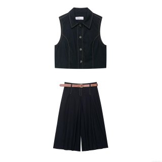 Women's 2-Piece Vest And Trousers Set Contrast Stitching Sleeveless Waistcoat With Wide Leg Pants Brown Faux Leather Belt Utility Streetwear Fall Outfit