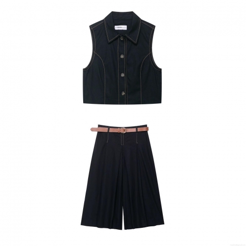 Women's 2-Piece Vest And Trousers Set Contrast Stitching Sleeveless Waistcoat With Wide Leg Pants Brown Faux Leather Belt Utility Streetwear Fall Outfit